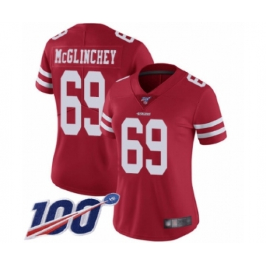 Women's San Francisco 49ers #69 Mike McGlinchey Red Team Color Vapor Untouchable Limited Player 100th Season Football Jersey - Ujersey