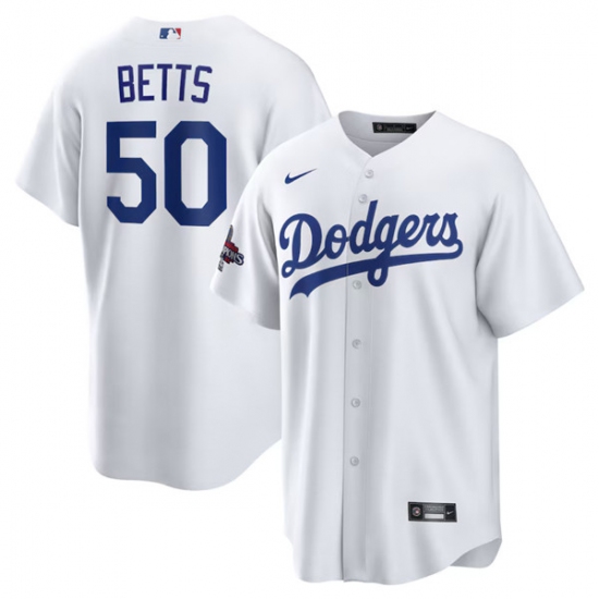 Men's Los Angeles Dodgers #50 Mookie Betts White 2024 World Series Champions Home Stitched Baseball Jersey - Ujersey