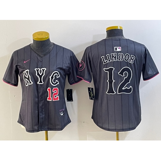 Women's New York Mets #12 Francisco Lindor Number Grey 2024 City Connect Cool Base Stitched Jerseys - Ujersey