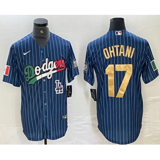 Men's Los Angeles Dodgers #17 Shohei Ohtani Mexico Blue Gold Pinstripe Cool Base Stitched Jerseys - Ujersey
