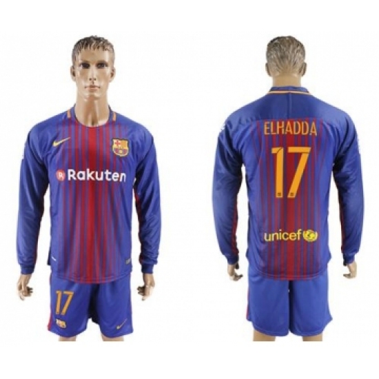 Barcelona #17 Elhadda Home Long Sleeves Soccer Club Jersey