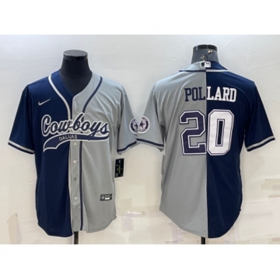 Men's Dallas Cowboys #20 Tony Pollard Navy Grey Split With Patch Cool Base Stitched Baseball Jersey - Ujersey