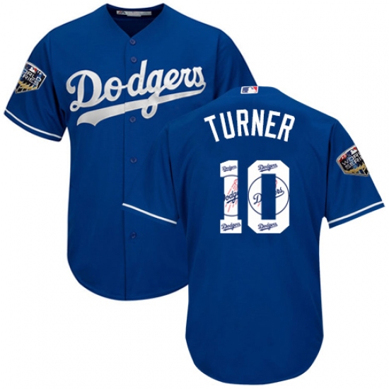 Men's Majestic Los Angeles Dodgers #10 Justin Turner Authentic Royal Blue Team Logo Fashion Cool Base 2018 World Series MLB Jersey - Ujersey