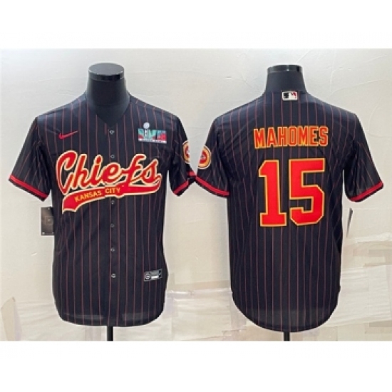 Men's Kansas City Chiefs #15 Patrick Mahomes Black With Super Bowl LVII Patch Cool Base Stitched Baseball Jersey - Ujersey