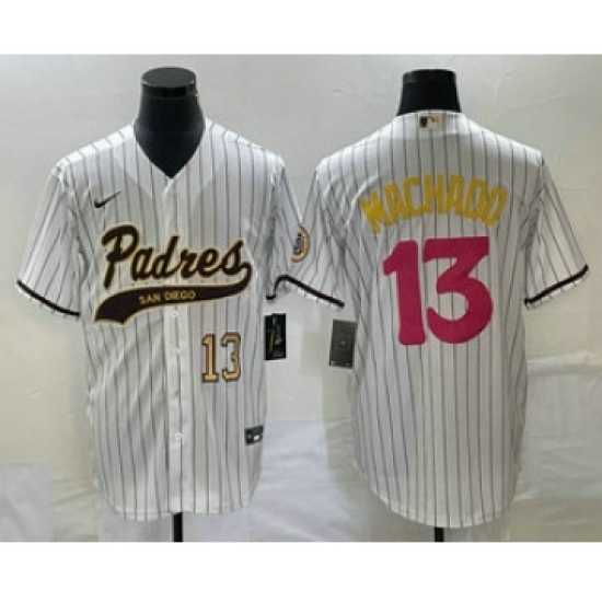 Men's San Diego Padres #13 Manny Machado Number White Pinstripe 2023 City Connect Cool Base Stitched Jersey - Ujersey