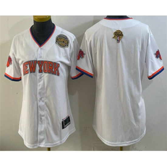 Women's New York Knicks Blank White 2026 Finals Eastern Conference Champions Stitched Baseball Jersey - Ujersey