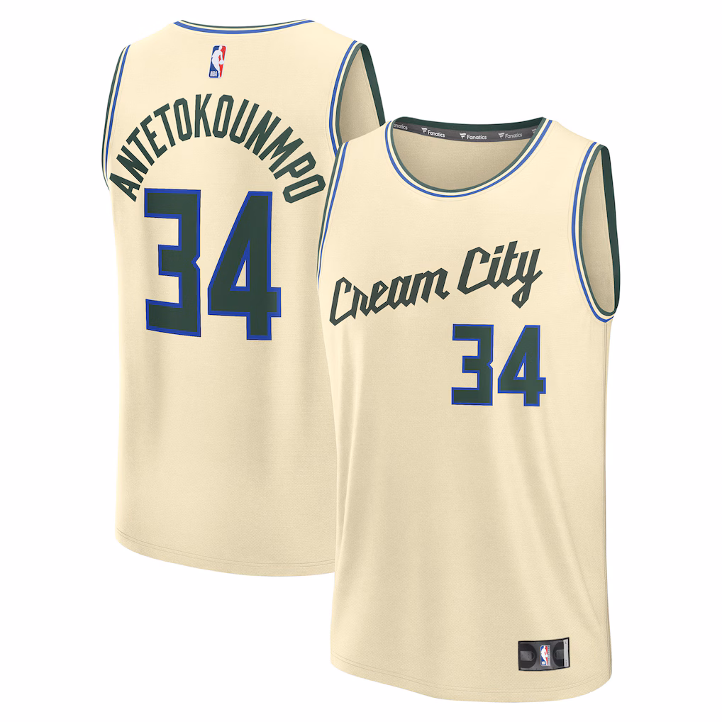 Men's Milwaukee Bucks Giannis Antetokounmpo Fanatics Cream 2025/26 City Edition Fast Break Jersey - Vujersey Los Angeles Rams