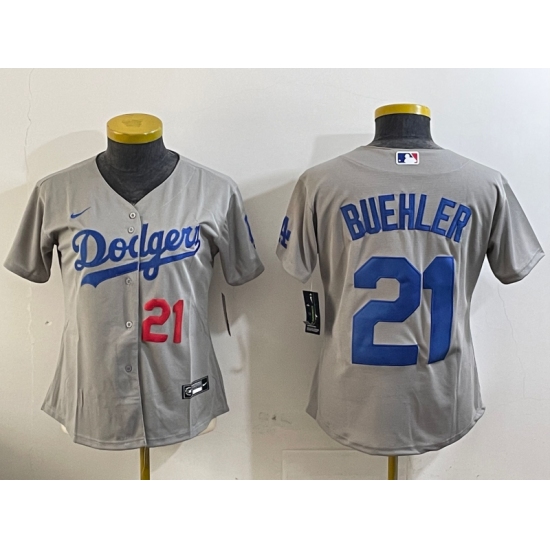 Women's Los Angeles Dodgers #21 Walker Buehler Number Grey Stitched Cool Base Nike Jersey - Ujersey