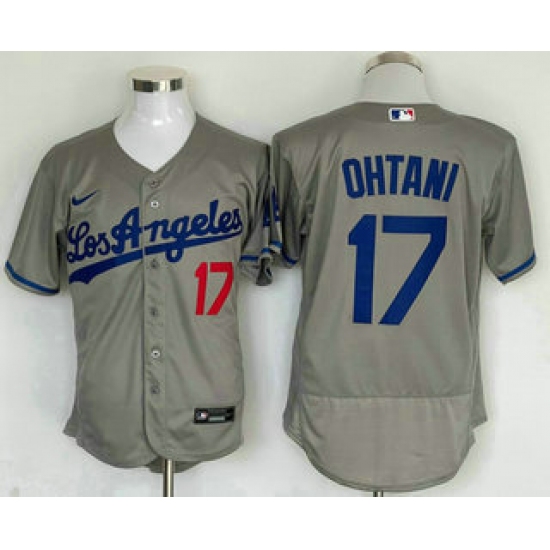 Men's Los Angeles Dodgers #17 Shohei Ohtani Number Grey With Los Stitched Flex Base Nike Jersey - Ujersey