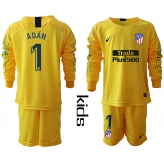 Atletico Madrid #1 Adan Yellow Goalkeeper Long Sleeves Kid Soccer Club Jersey