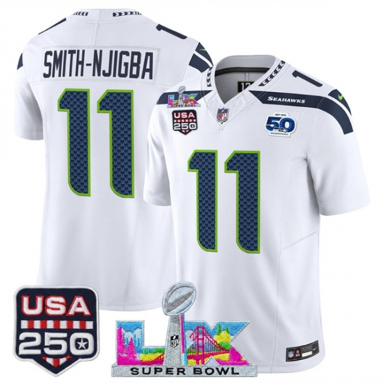 Men's Seattle Seahawks #11 Jaxon Smith-Njigba White 2025 F.U.S.E. Super Bowl LX And 50th Season & USA 250 Vapor Limited Football Stitched Jersey