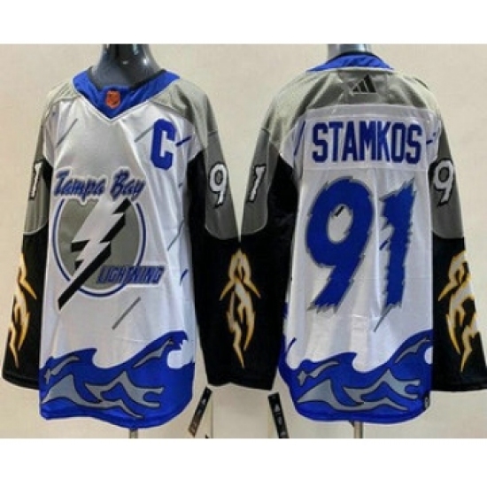 Men's Tampa Bay Lightning #91 Steven Stamkos White 2022 Reverse Retro Authentic Jersey - Ujersey
