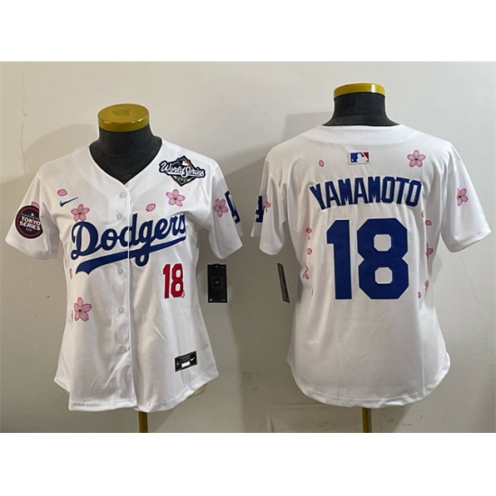 Women's Los Angeles Dodgers #18 Yoshinobu Yamamoto White 2025 World Series Tokyo Series Limited Stitched Baseball Jersey(Run Small) - Ujersey