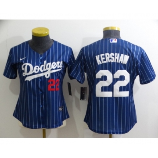 Women's Los Angeles Dodgers #22 Clayton Kershaw Navy Blue Pinstripe Stitched MLB Cool Base Nike Jersey - Ujersey
