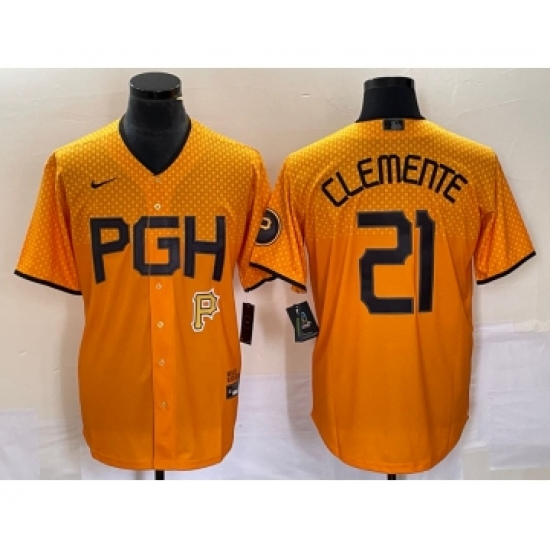 Men's Nike Pittsburgh Pirates #21 Roberto Clemente Gold 2023 City Connect Stitched Jersey 1 - Ujersey