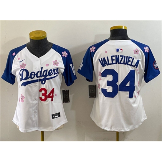 Women's Los Angeles Dodgers #34 Fernando Valenzuela White Royal 2025 Tokyo Series Limited Stitched Baseball Jersey(Run Small) - Ujersey