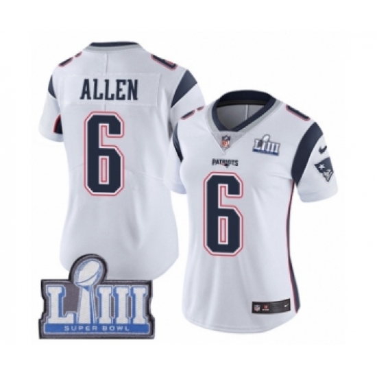 Women's Nike New England Patriots #6 Ryan Allen White Vapor Untouchable Limited Player Super Bowl LIII Bound NFL Jersey - Ujersey