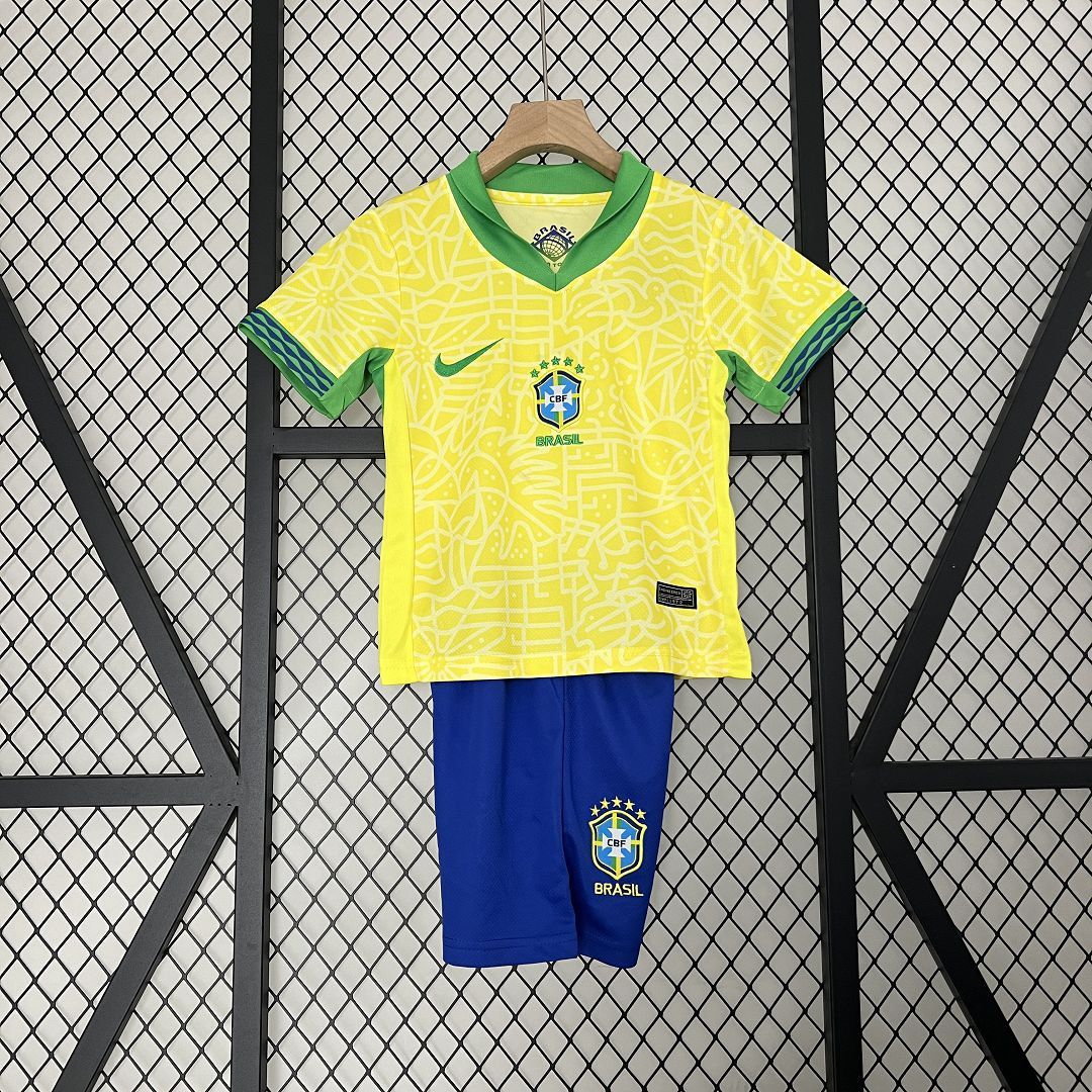 Brazil Home Soccer Uniform Kids Kit Jersey+Shorts Copa America 2024 - Ujersey NHL