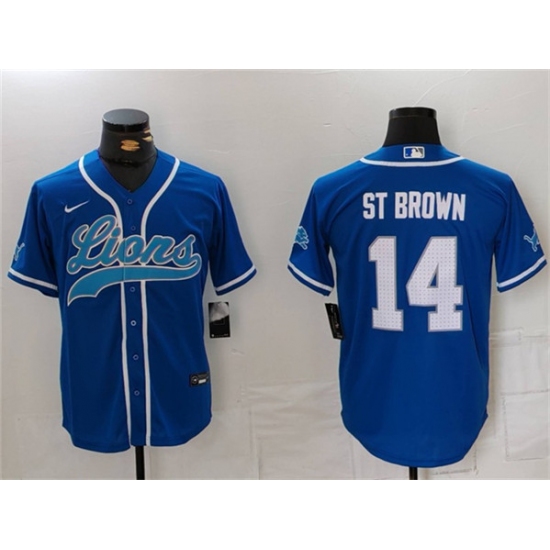 Men's Detroit Lions #14 Amon-Ra St. Brown Blue Cool Base Stitched Baseball Jersey - Ujersey
