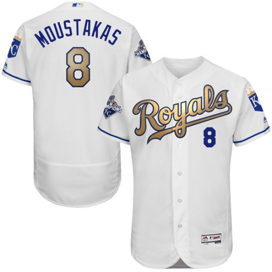 Men's Majestic Kansas City Royals #8 Mike Moustakas Authentic White 2015 World Series Champions Gold Program FlexBase MLB Jersey - Ujersey