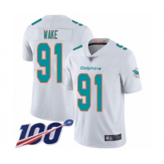 Men's Miami Dolphins #91 Cameron Wake White Vapor Untouchable Limited Player 100th Season Football Jersey - Ujersey