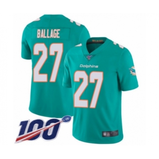 Men's Miami Dolphins #27 Kalen Ballage Aqua Green Team Color Vapor Untouchable Limited Player 100th Season Football Jersey - Ujersey