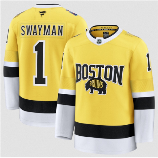 Men's Boston Bruins #1 Jeremy Swayman Gold 2026 Stadium Series Stitched Hockey Jersey - Ujersey