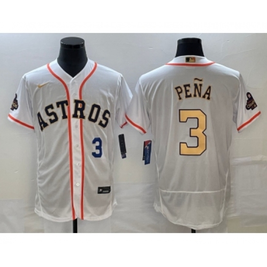 Men's Houston Astros #3 Jeremy Pena Number 2023 White Gold World Serise Champions Flex Base Stitched Jersey - Ujersey