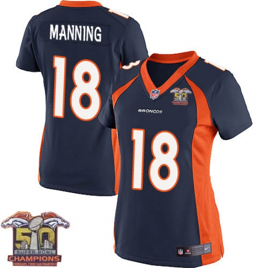 Women's Nike Denver Broncos #18 Peyton Manning Elite Navy Blue Alternate Super Bowl 50 Champions NFL Jersey - Ujersey