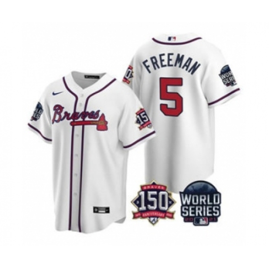 Men's Atlanta Braves #5 Freddie Freeman 2021 White World Series With 150th Anniversary Patch Cool Base Baseball Jersey - Ujersey