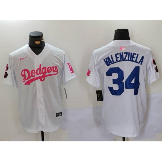 Men's Los Angeles Dodgers #34 Fernando Valenzuela White Pink Vin & Kobe Stitched Baseball Jersey - Ujersey