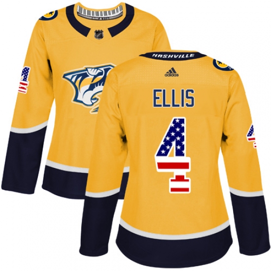 Women's Adidas Nashville Predators #4 Ryan Ellis Authentic Gold USA Flag Fashion NHL Jersey - Ujersey