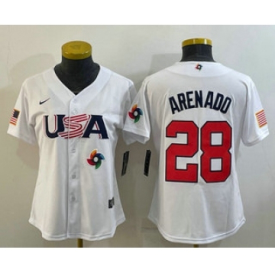 Women's USA Baseball #28 Nolan Arenado 2023 White World Classic Replica Stitched Jersey