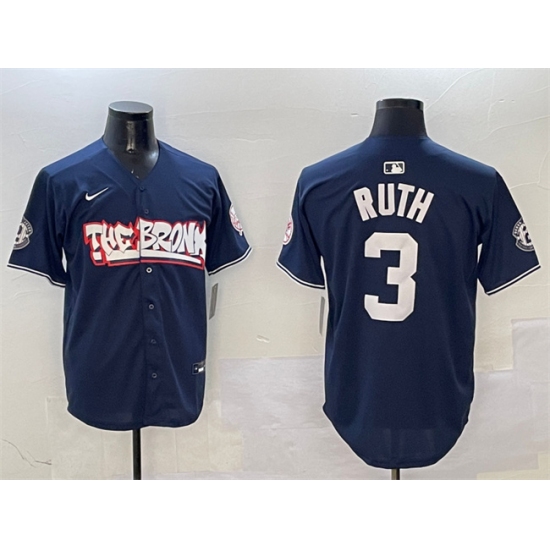 Men's New York Yankees #3 Babe Ruth Navy Bronx Graffiti Vapor Limited Stitched Baseball Jersey - Ujersey