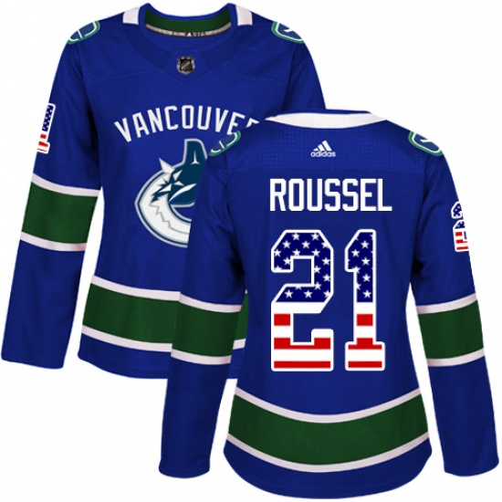 Women's Adidas Vancouver Canucks #21 Antoine Roussel Authentic Blue USA Flag Fashion NHL Jersey - Ujersey