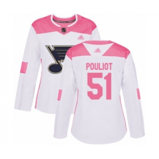 Women's St. Louis Blues #51 Derrick Pouliot Authentic White Pink Fashion Hockey Jersey