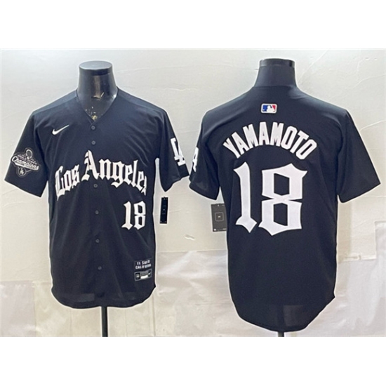 Men's Los Angeles Dodgers #18 Yoshinobu Yamamoto Black LA Gothic Style With 2025 World Series Champions Limited Stitched Baseball Jersey - Ujersey
