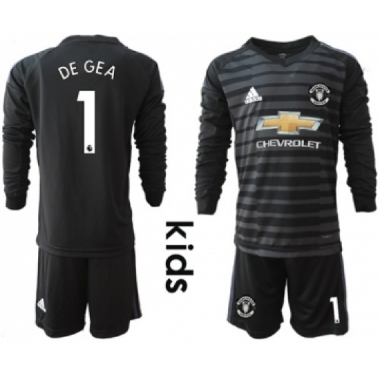 Manchester United #1 De Gea Black Goalkeeper Long Sleeves Kid Soccer Club Jersey