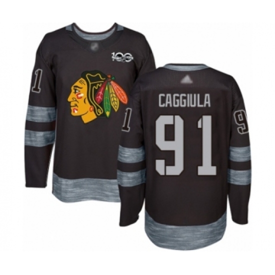 Men's Chicago Blackhawks #91 Drake Caggiula Authentic Black 1917-2017 100th Anniversary Hockey Jersey