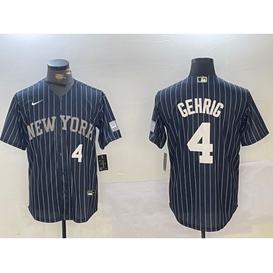 Men's New York Yankees #4 Lou Gehrig Navy Pinstripe Fashion Cool Base Jersey - Ujersey