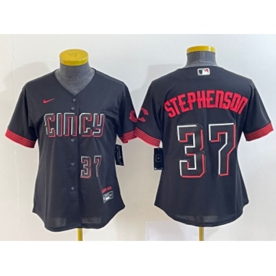 Women's Cincinnati Reds #37 Tyler Stephenson Number Black 2023 City Connect Cool Base Stitched Jersey2 - Ujersey
