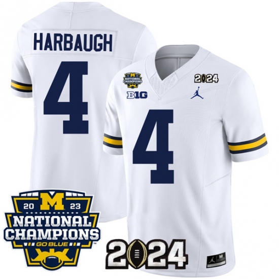 Men's Michigan Wolverines #4 Jim Harbaugh White 2024 F.U.S.E. With 2023 National Champions Stitched Jersey - Ujersey