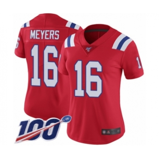 Women's New England Patriots #16 Jakobi Meyers Red Alternate Vapor Untouchable Limited Player 100th Season Football Jersey - Ujersey