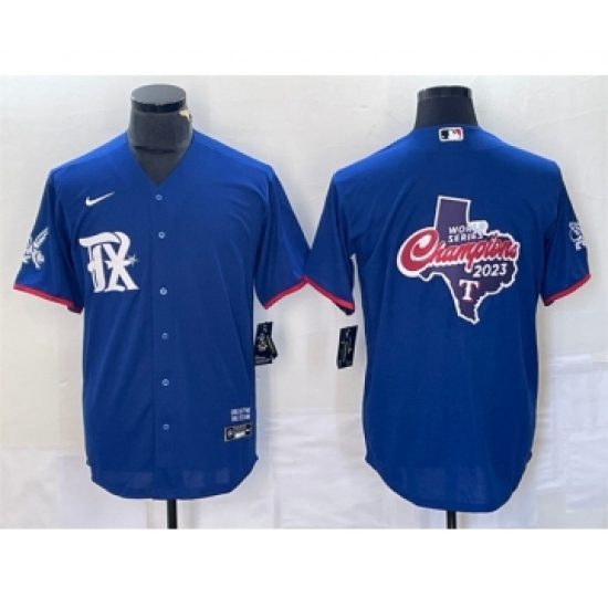Mens Texas Rangers Royal 2023 World Series Champions Big Logo Cool Base Stitched Baseball Jersey - Ujersey