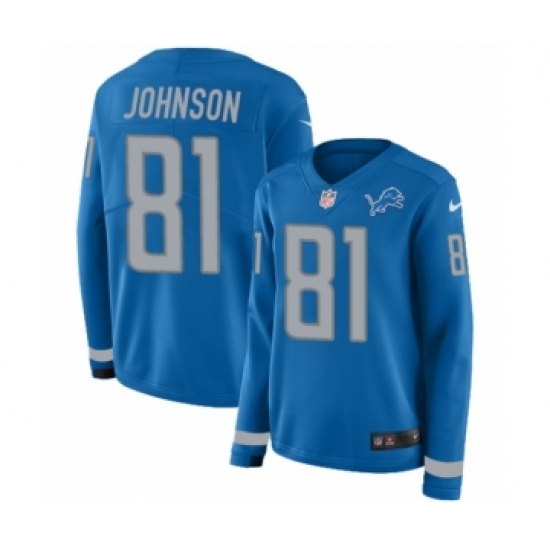 Women's Nike Detroit Lions #81 Calvin Johnson Limited Blue Therma Long Sleeve NFL Jersey - Ujersey