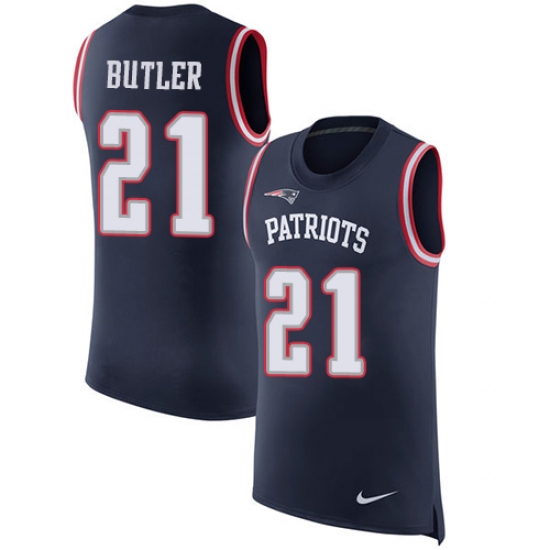 Men's Nike New England Patriots #21 Malcolm Butler Limited Navy Blue Rush Player Name & Number Tank Top NFL Jersey - Ujersey