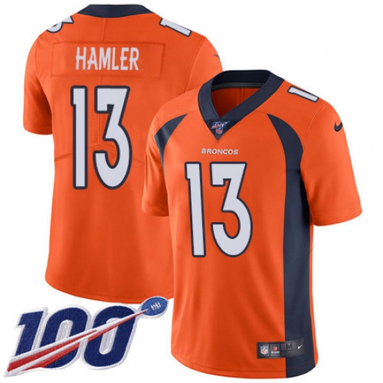 Men's Denver Broncos #13 KJ Hamler Orange Team Color Stitched 100th Season Vapor Untouchable Limited Jersey - Ujersey