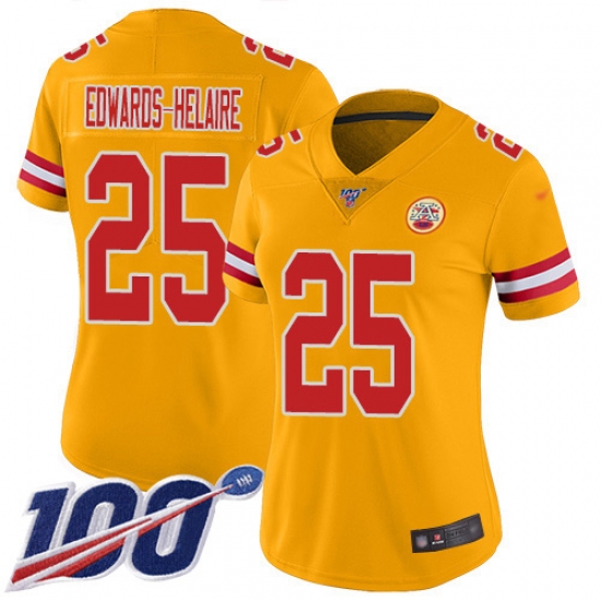 Women's Kansas City Chiefs #25 Clyde Edwards-Helaire Gold Stitched Limited Inverted Legend 100th Season Jersey - Ujersey