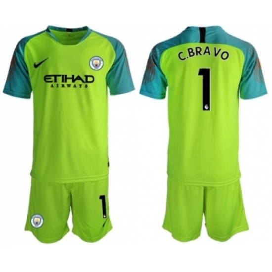 Manchester City #1 C.Bravo Shiny Green Goalkeeper Soccer Club Jersey