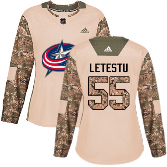 Women's Adidas Columbus Blue Jackets #55 Mark Letestu Authentic Camo Veterans Day Practice NHL Jersey